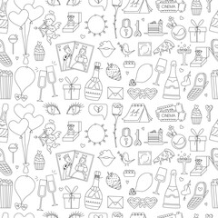 Seamless pattern of cute hand drawn elements about love. Happy Valentine's Day vector illustration. Design elements isolated on white. Doodle style. Line art