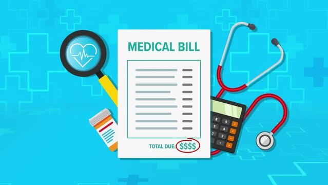 Medical bill invoice Animation with stethoscope, calculator, medication bottle and magnifying class with heart beat icon
