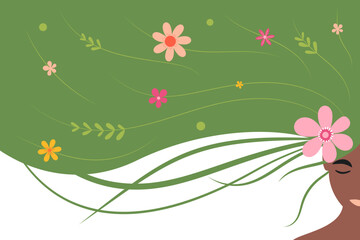 Spring girl vector illustration. Black woman with loose hair and flowers. International Women's Day. 
Design for greeting card, banner, advertising. 
