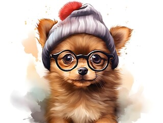 Watercolor drawing of cute baby dog wearing hat and glasses