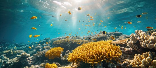 Underwater photography of tropical seascape with yellow corals and swimming fish.