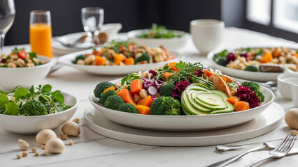 a veg food plate placed on a pristine white wooden table in a restaurant setting emphasize the...