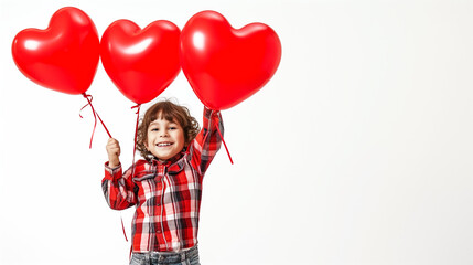 Fototapeta na wymiar Valentine Boy Holding Heart Balloons