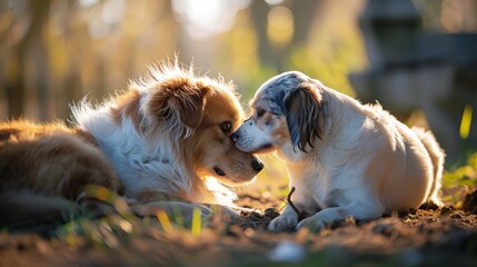 Golden Retriever and Border Collie Mix Sharing a Tender Moment in Sunlit Greenery