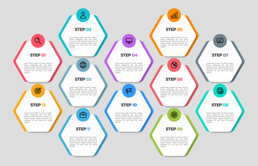 Modern business infographic template, hexagon shape with 12 options or steps icons.