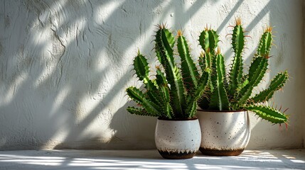 Potted Cacti in Sunlit Room with Copy Space Available