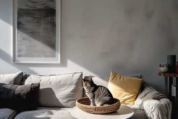 Elegant cat resting in a modern living room with minimalist decor and sunlight, exuding calm and stylish home vibes