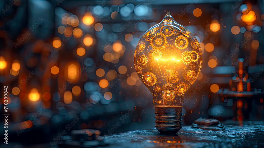 Poster conceptual image with lightbulb with moving gears as a symbol of an idea on dark background