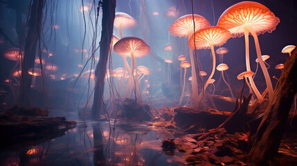 magical mashrooms in the forest. Generative Ai