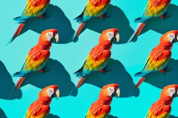 Scarlet macaws repeated on a turquoise background creating a striking pattern for design and decor concepts