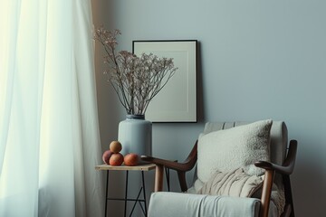 Minimalist home decor with dried flowers in a vase on a side table, creating a calm and serene atmosphere