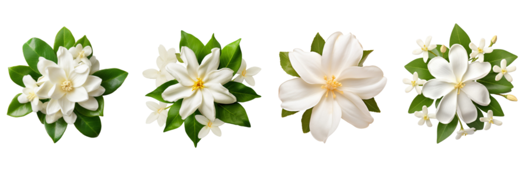 Set of jasmine top view isolated on a transparent background