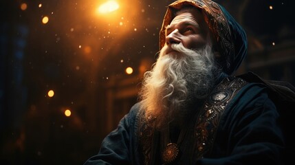 Portrait of an old man magician wizard with a long gray beard on the background of the night - obrazy, fototapety, plakaty