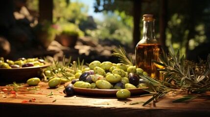 Olive oil and olives on a wooden table in the garden