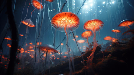 magical mashrooms in the forest. Generative Ai