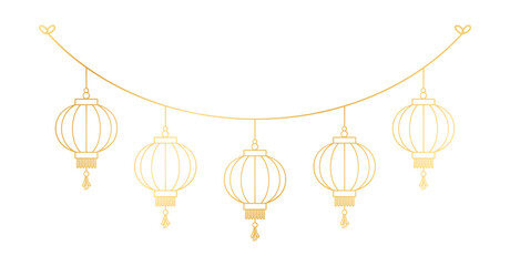Gold Chinese Lantern Hanging Garland Outline Line Art, Lunar New Year and Mid-Autumn Festival Decoration Graphic - obrazy, fototapety, plakaty