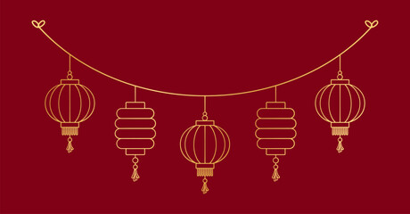 Gold Chinese Lantern Hanging Garland Outline Line Art, Lunar New Year and Mid-Autumn Festival Decoration Graphic