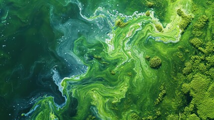 Aerial view of a massive bloom of algae in a lake, fluid, organic pattern with vibrant greens and...
