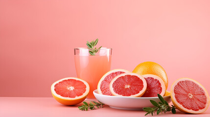 Grapefruit juice with fresh fruit Vitamins Cocktail on a pink background ai generative