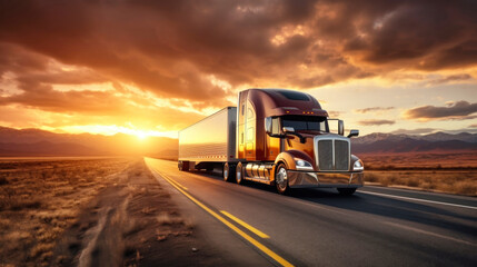 Fototapeta na wymiar Truck on the highway at sunset. The sun drops below the horizon, casting a warm orange light on an open, powerful semi-trailer with a cargo, rushing into the distance along the highway.