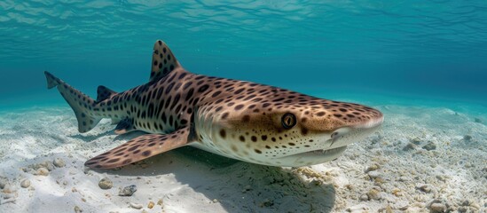 Fototapeta premium Endangered Zebra or Leopard Shark, Latin name Stegostoma Fasciatum, caught by Maldives fishermen and promptly released.