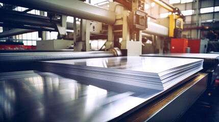 A rolling mill press machine produces a sheet of metal from a block of aluminum. Heavy metal rolling equipment. Selective focus