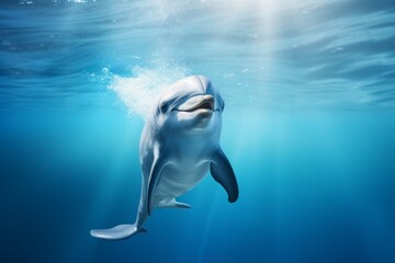 Smiling dolphin swimming in clear blue water, showing teeth, playful and friendly marine animal.