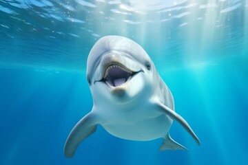 Smiling dolphin swimming in clear blue water, showing teeth, playful and friendly marine animal.