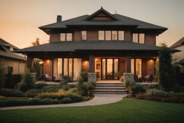 Obraz premium Beautiful wooden roof house exterior with lawn at dusk, luxury suburb neighborhood expensive housing generative ai
