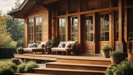 Fototapeta premium Beautiful wooden roof house exterior with lawn at dusk, luxury suburb neighborhood expensive housing generative ai