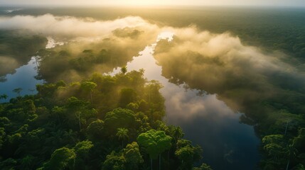 Aerial view of misty forest and river at morning time.