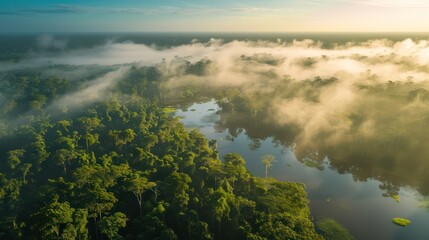 Aerial view of beautiful tropical rainforest and lake with fog at sunrise time