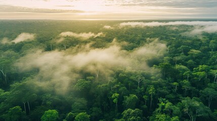 Aerial view of green forest with fog in the morning at sunrise time