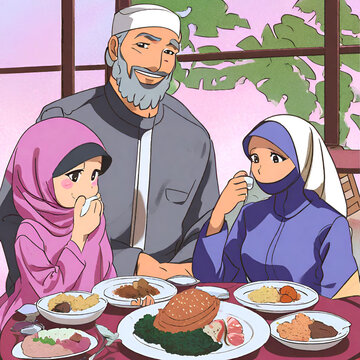 muslim family having a dinner in ramadhan