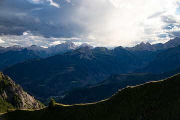 Panoramic view from the top of the Giau Pass, Dolomites,  South Tyrol, Italy.