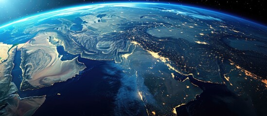 View of Earth from space, focusing on Middle East, Saudi Arabia, global skyline.