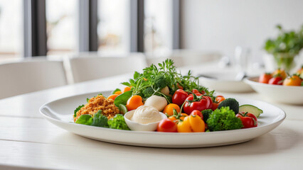 a minimalist yet appetizing veg food plate against the backdrop of a white wooden table in a restaurant