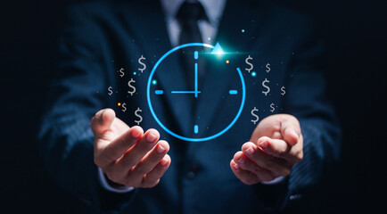 Businessman show virtual icon of clock and money for business time management. Work planning increases efficiency and reduces work time. Time is money concept. - obrazy, fototapety, plakaty