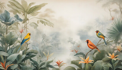 wallpaper jungle and leaves tropical forest birds old drawing vintage - generative ai