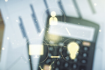 Abstract virtual social network concept on calculator background. Multiexposure