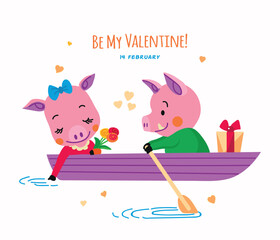 St Valentine's day card with  cartoon cute pigs in love vector illustration