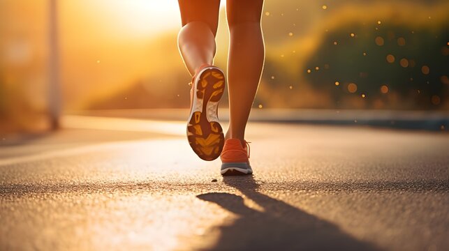 frog view of a woman jogging in the morning, focus on her legs and jogging shoes