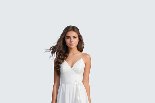 positive woman in wedding dress laughing isolated on grey