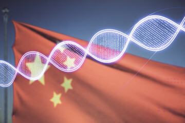 DNA hologram on Chinese flag and sunset sky background, science and biology concept. Multiexposure