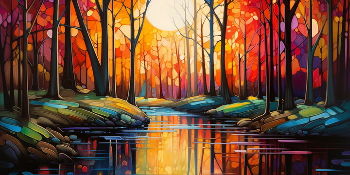 forest with water running through trees, in the style of colorful cubist, vibrant colors, oil acrylic, tonalist painting