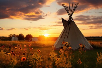 A teepee, a traditional Indigenous dwelling, stands in the middle of a vast and serene field, A traditional tipi in a field with a sunset, AI Generated - Powered by Adobe