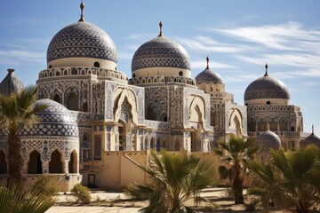 Fototapeta na wymiar Grand Architectural Wonder, Majestic Building Adorned With Numerous Domes, A traditional Middle Eastern palace with patterned domes, AI Generated
