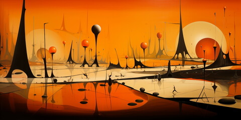 Abstract painting of objects in an orange abstract space, in the style of surreal 3d landscapes, panorama, floating structures