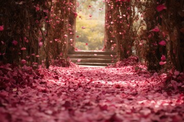 A scenic pathway adorned with a profusion of colorful flowers, providing a picturesque journey through a vibrant springtime garden, A trail of rose petals leading to a surprise gift, AI Generated