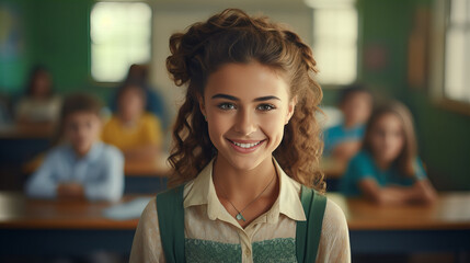 Cheerful Student Enjoying Classroom Learning, joyful young student with curly hair stands out with a bright smile in a vibrant classroom setting, embodying enthusiasm for learning